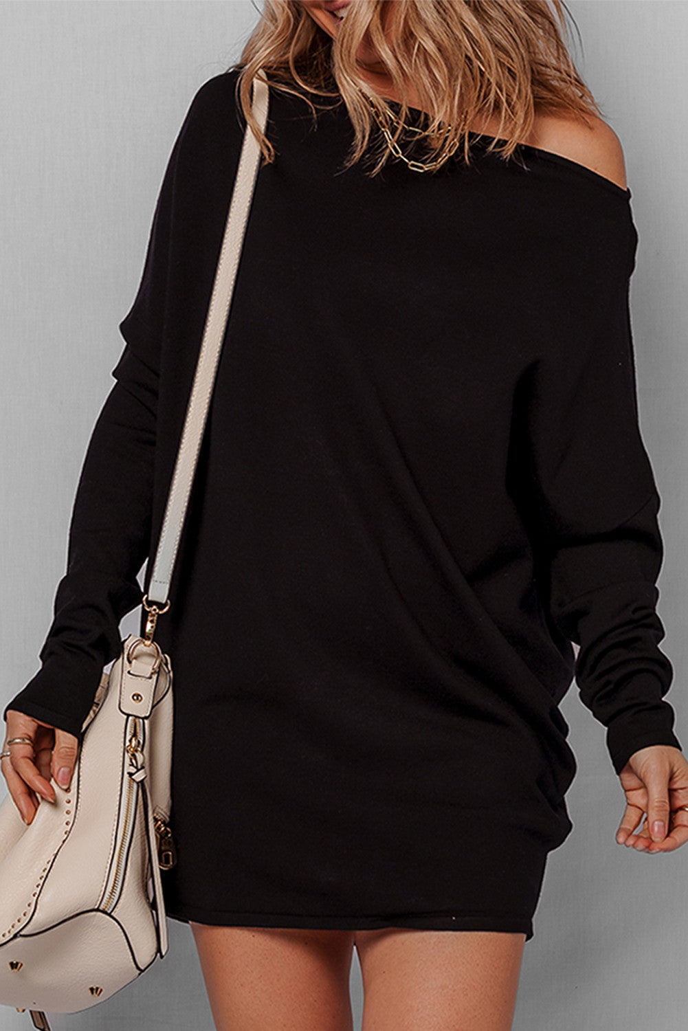 Black Asymmetric Batwing Sweater Mini Dress RTS