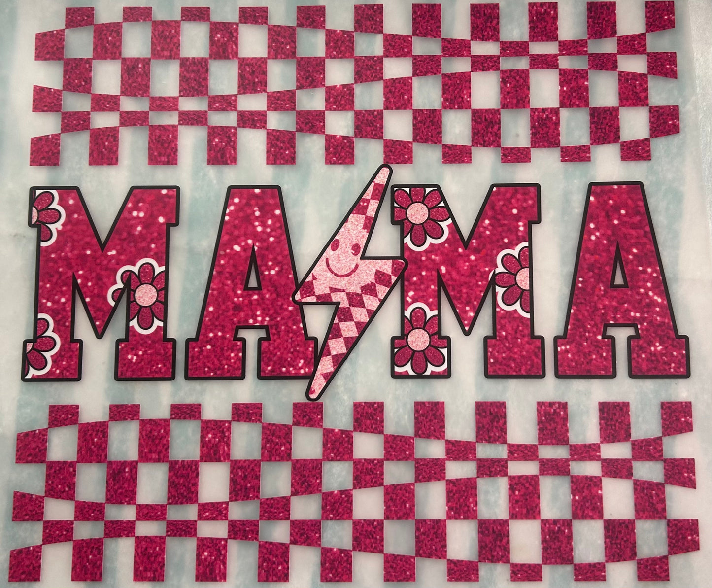 Faux Sparkle Mama-Pink Checkered Pattern with Lightening Bolt