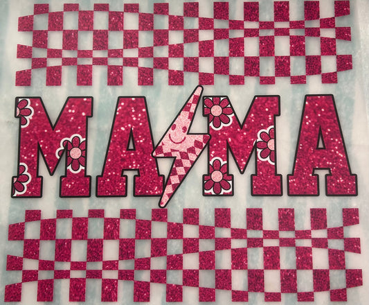Faux Sparkle Mama-Pink Checkered Pattern with Lightening Bolt